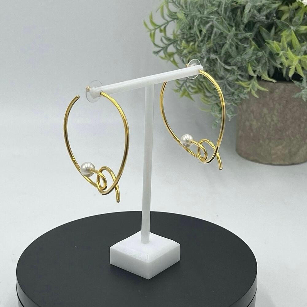 Amber Sceats Designer Gold Plated White Pearl Swirl Loopy‎ Hoop Pierced Earrings